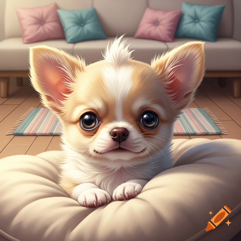 A fluffy, fawn and white chihuahua puppy with large dark eyes and a tuft of fur on its head, lying on a cream cushion indoors.
