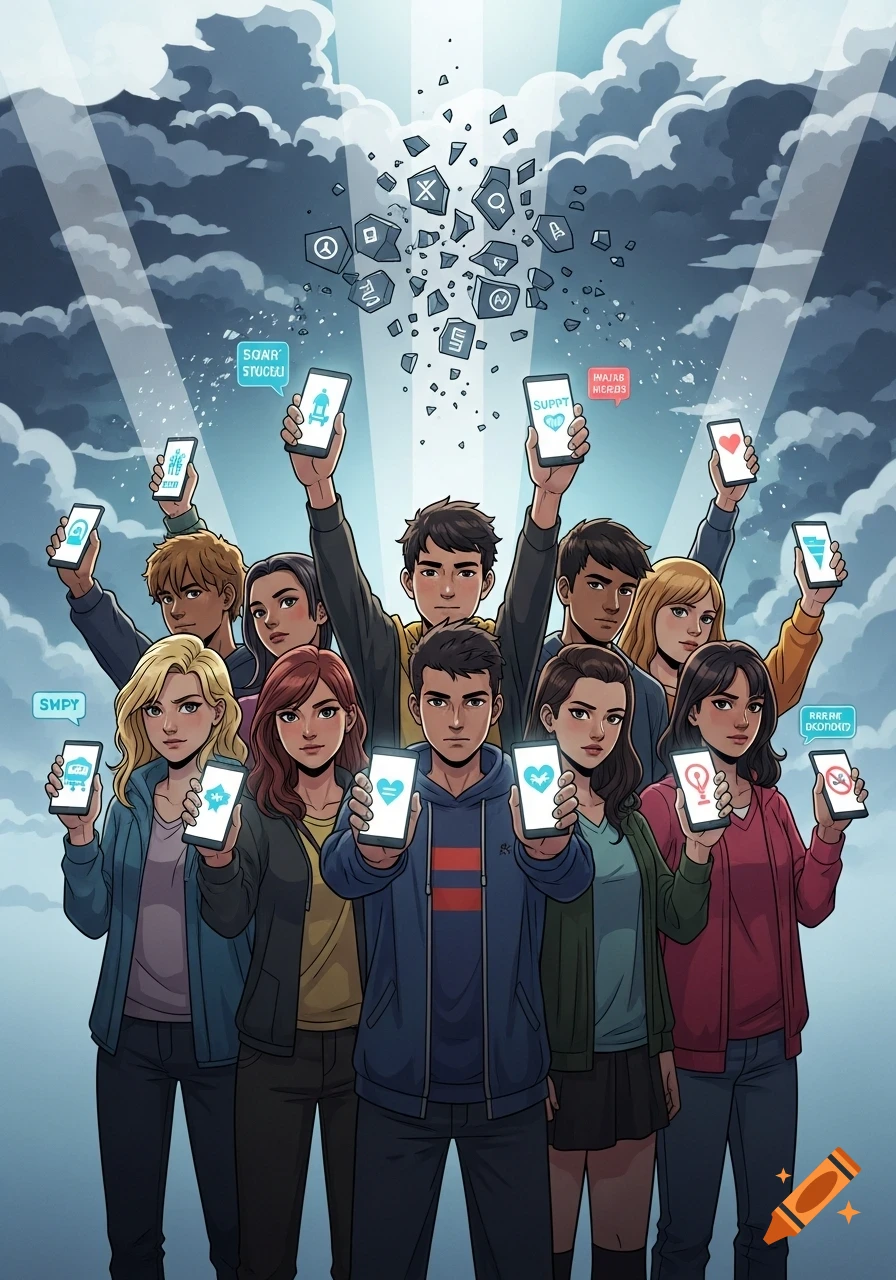 A diverse group of teenagers holds up smartphones with glowing app icons, while broken letters and symbols float above them in a comic art style.