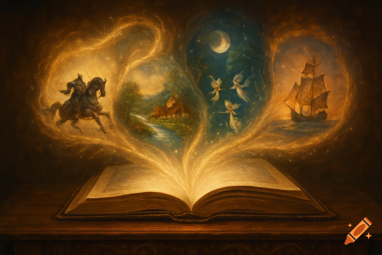 An open book on a wooden table glows, with fantastical scenes of a knight, a village, fairies, and a sailing ship emerging from its pages.