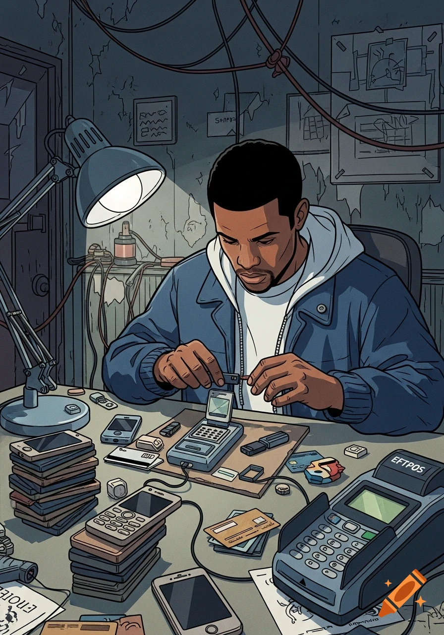 A man works on a skimmer device at a cluttered desk with burner phones and an EFTPOS machine, in a graphic novel style.