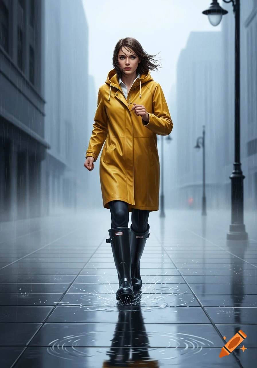 A woman in a yellow raincoat and black rubber boots walks on a wet tiled sidewalk in the rain.
