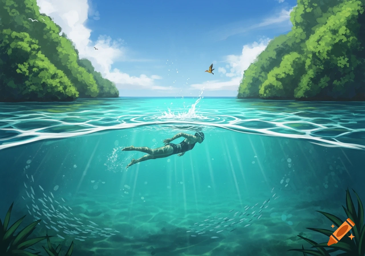 Illustration of a swimmer underwater in clear tropical water, with islands, sun rays, and fish.