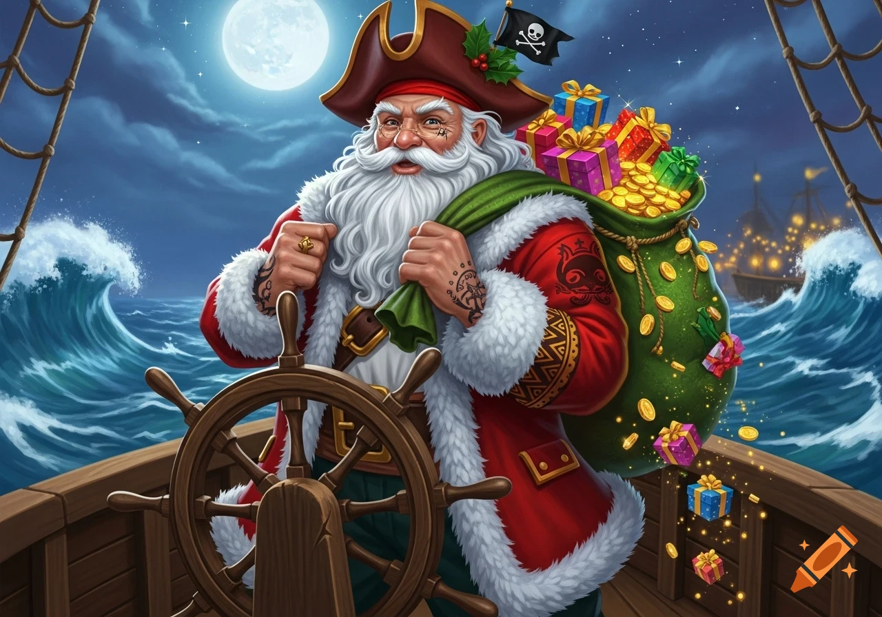 Jolly pirate Santa Claus steers a ship at night, carrying a sack of gifts and gold coins on a stormy sea under a full moon.