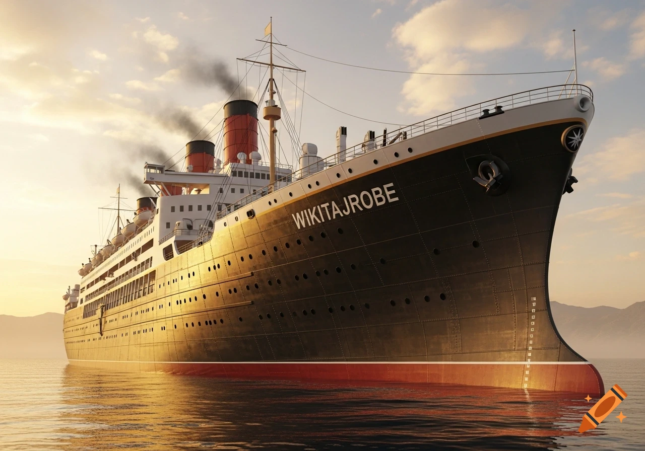 A large black and white passenger ship named 'WIKITAJROBE' with red funnels sails on calm water at sunset, emitting smoke.
