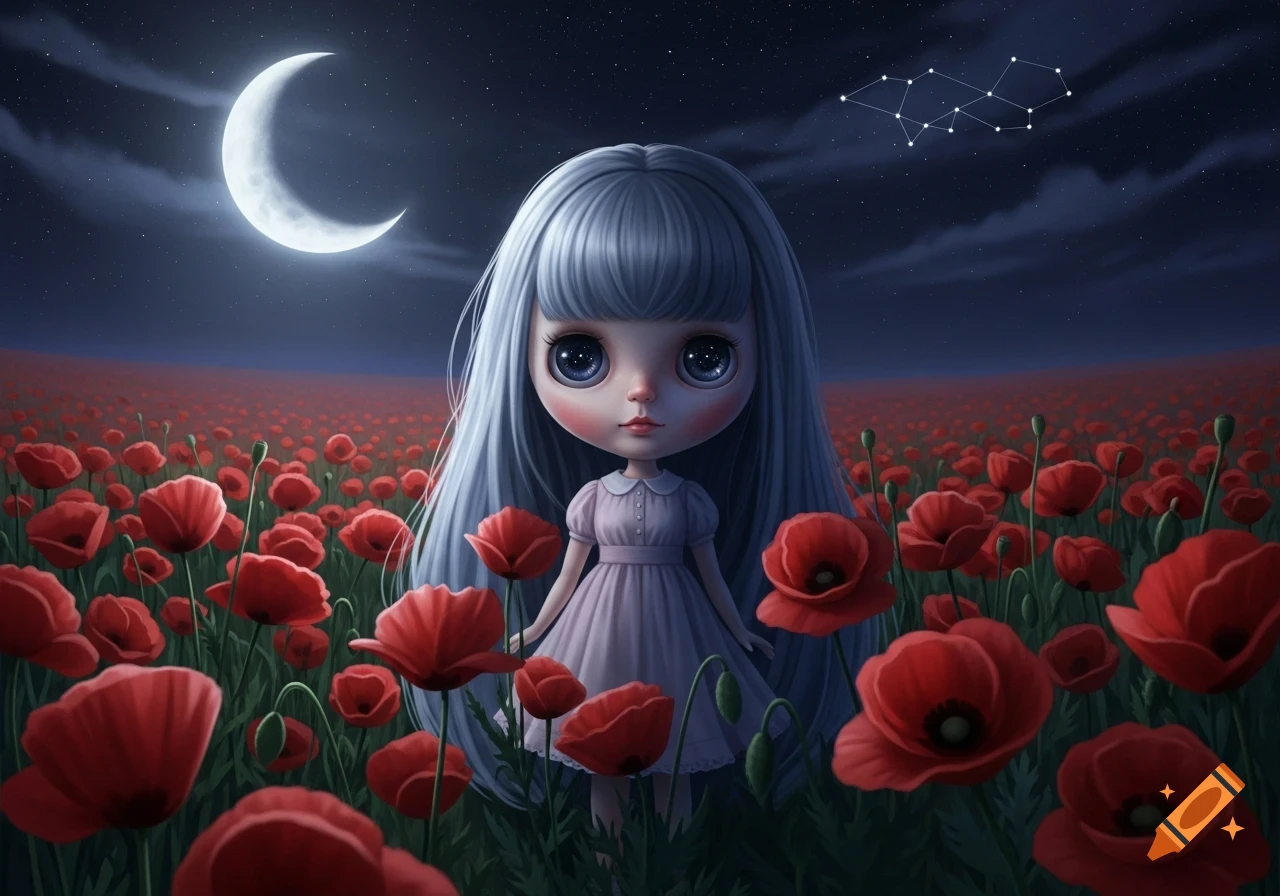 A cute Blythe doll with long grey hair stands in a field of red poppies under a night sky with a crescent moon and stars.