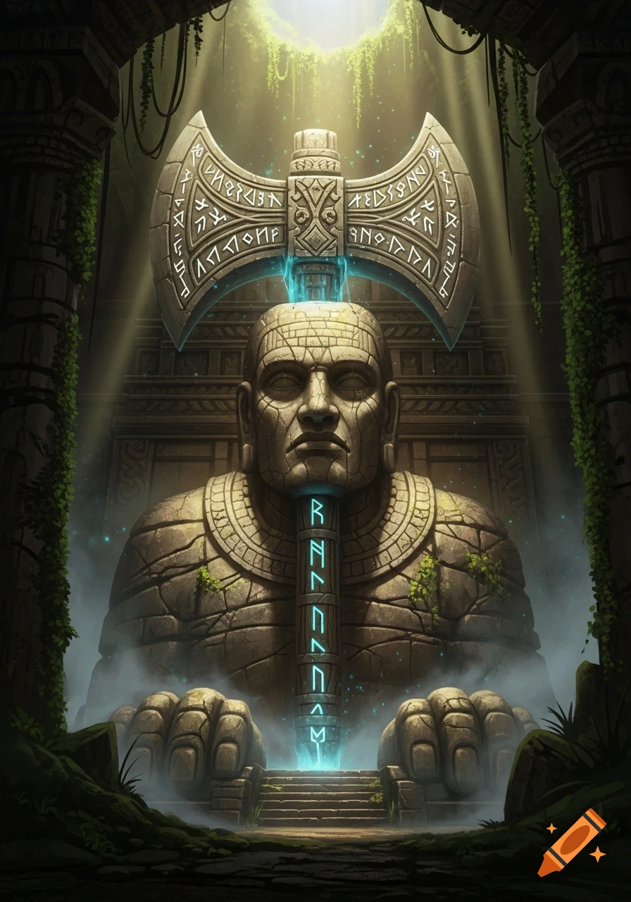 A massive stone idol with a stern face and an axe emerging from its head, covered in glowing runes. The idol is set in moss-covered ancient ruins with light streaming from above.