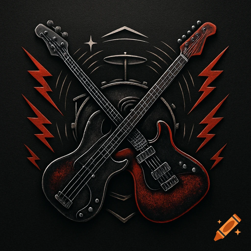 Gritty rock logo featuring crossed bass and electric guitars over a drum kit with red lightning bolts.