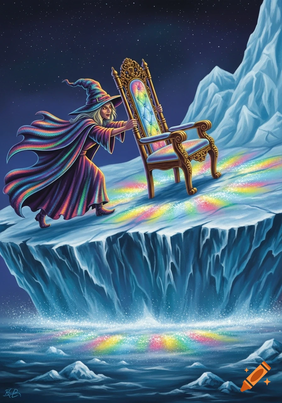 A colorful Lite Brite style image of a witch pushing an ornate, rainbow-sparkling chair up an icy cliff under a starry night sky.