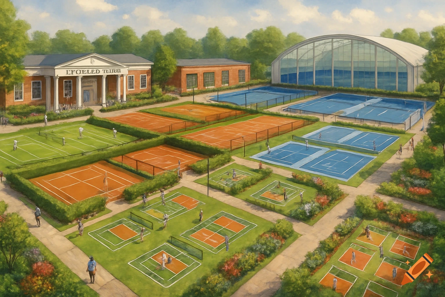 Aerial view of a large tennis complex with grass, clay, and hard courts, a clubhouse, and an indoor dome in a painterly style.