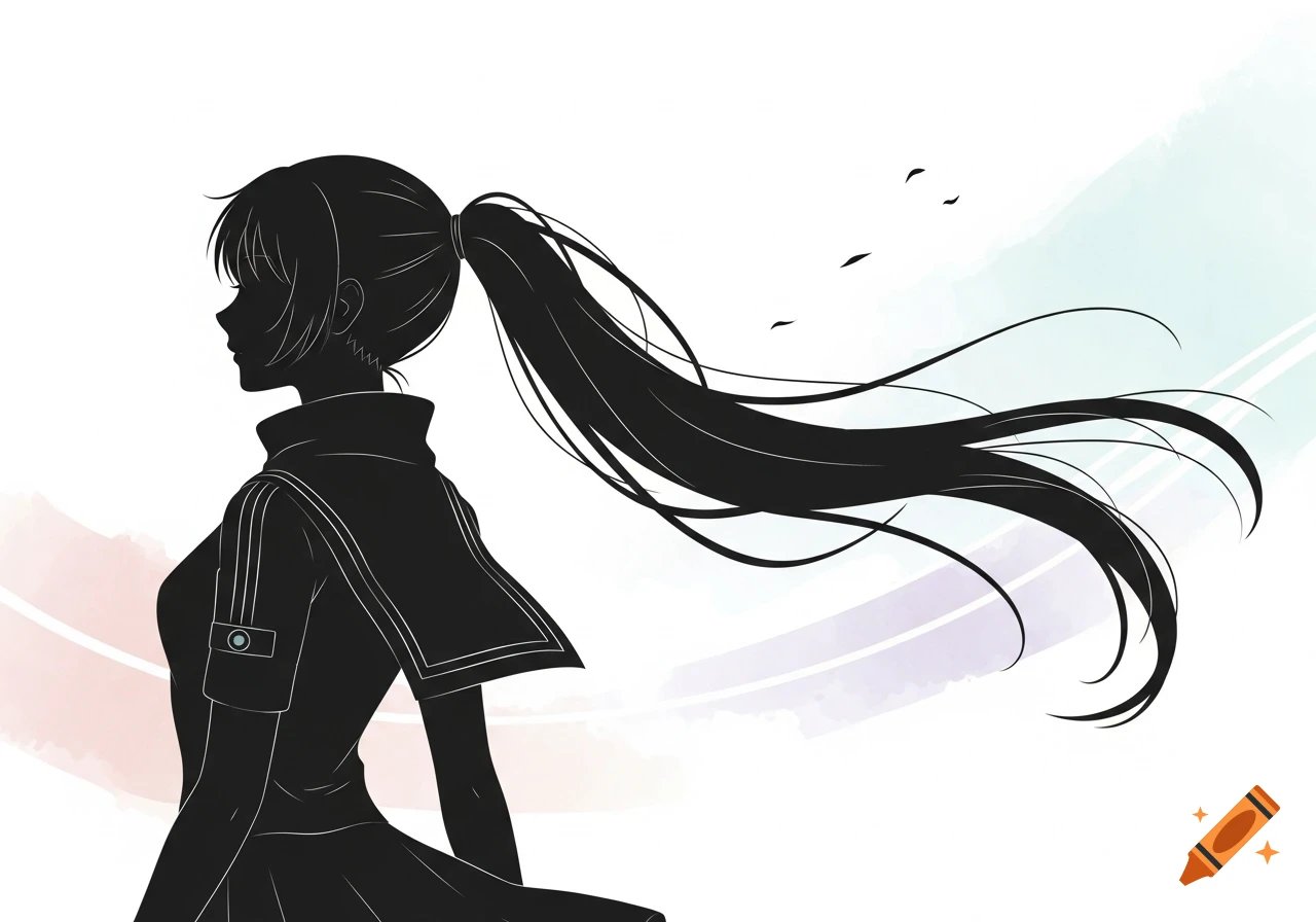 Stylized silhouette of an anime girl with a long ponytail, in profile against a white background with soft pastel strokes.