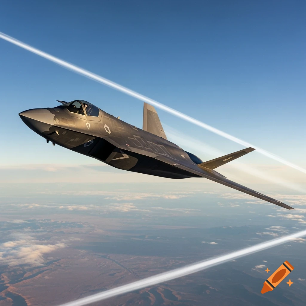 A dark gray stealth jet flies high in a clear blue sky, with white contrails, over a vast landscape of clouds and land.