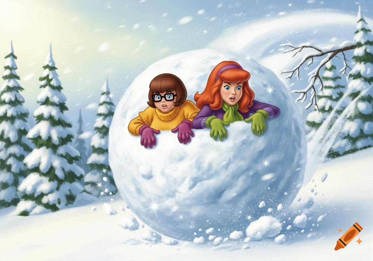 Velma and Daphne from Scooby-Doo emerge from a giant snowball in a snowy winter forest, depicted in a cartoon style.