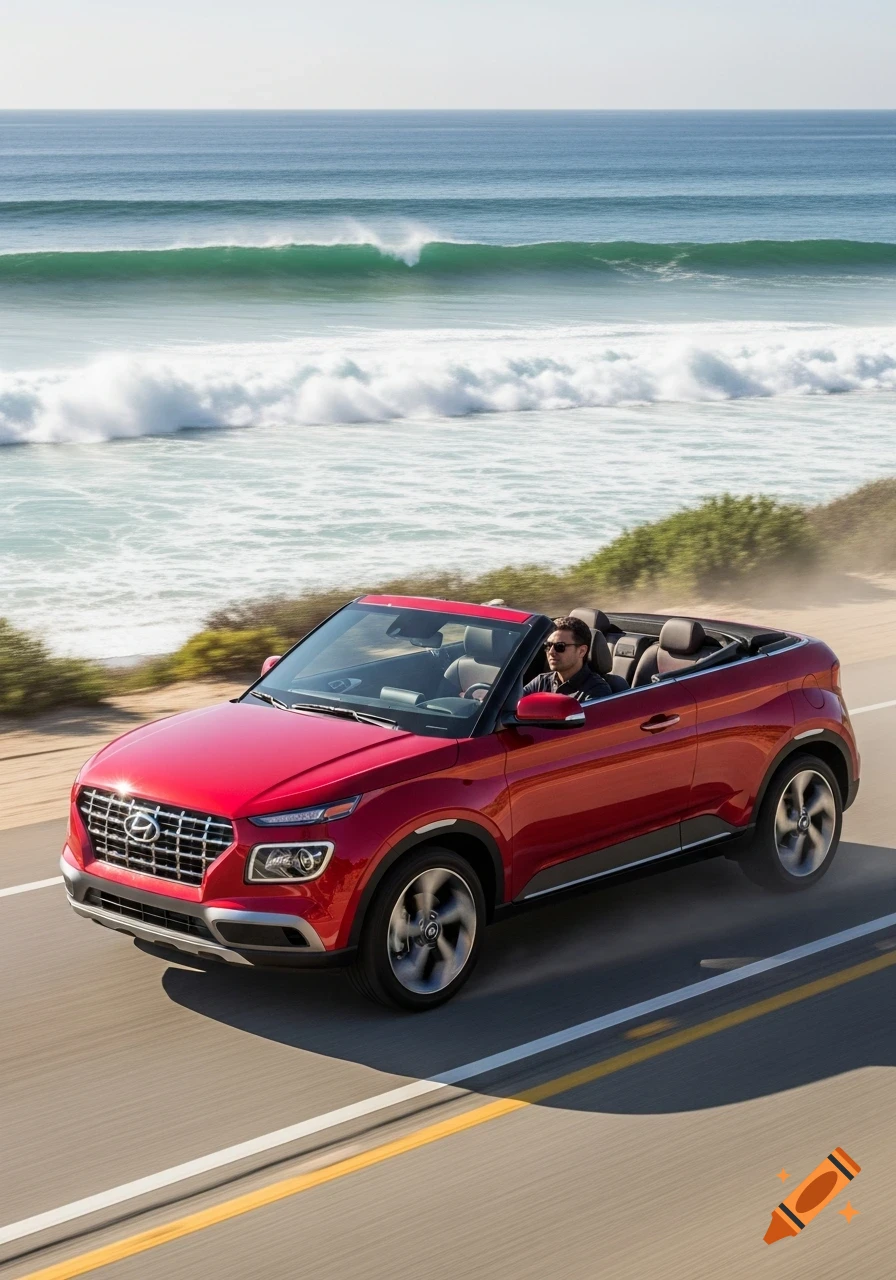 A red Hyundai Venue convertible drives along a coastal road with large ocean waves in the background.