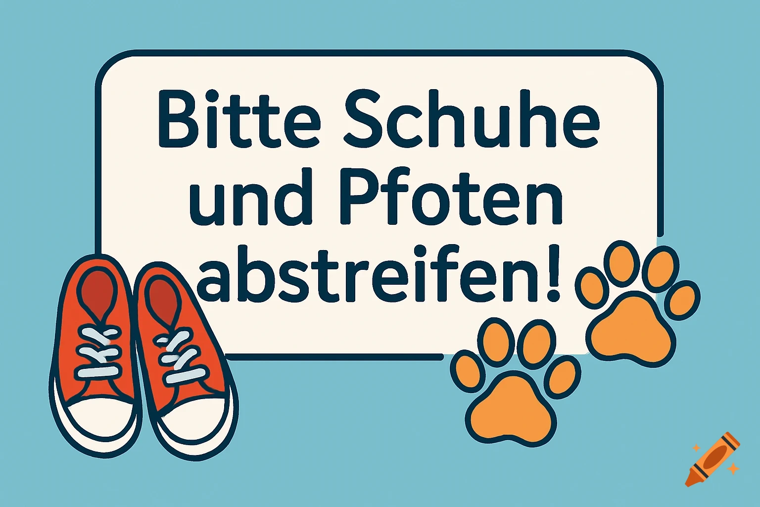 Illustration of a sign with German text 'Bitte Schuhe und Pfoten abstreifen!', showing red sneakers and orange paw prints.