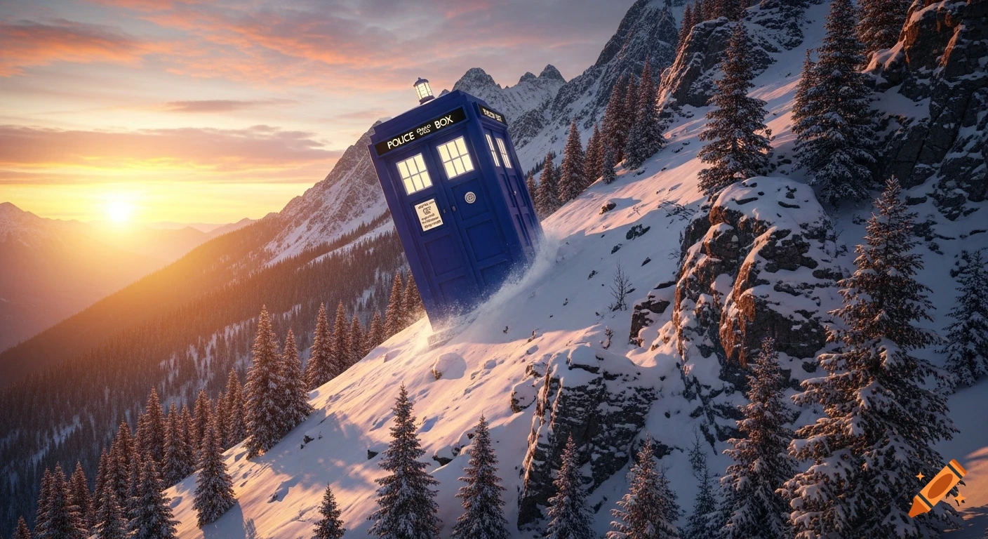 A blue TARDIS rests on a steep, snowy mountain slope at sunset, surrounded by pine trees under a dramatic orange sky. Photorealistic.