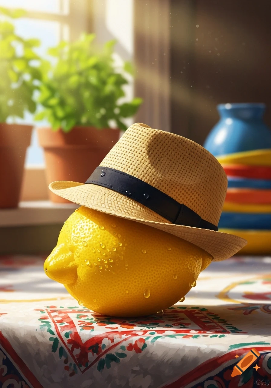 A yellow lemon with water droplets wears a straw fedora on a decorative tablecloth, with potted plants and a blue vase in a sunlit background.