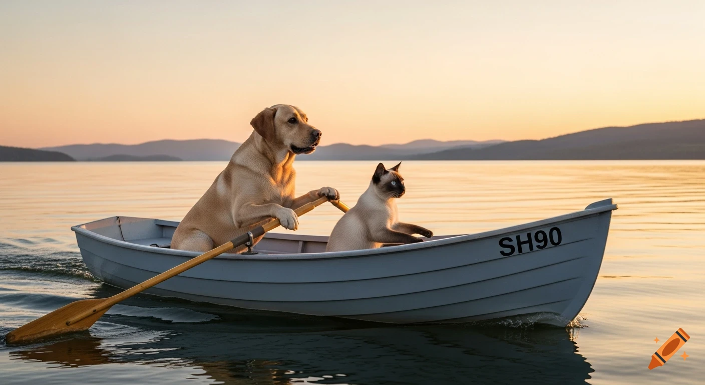 A photorealistic image of a dog and a cat rowing a small boat on a calm lake at sunset.