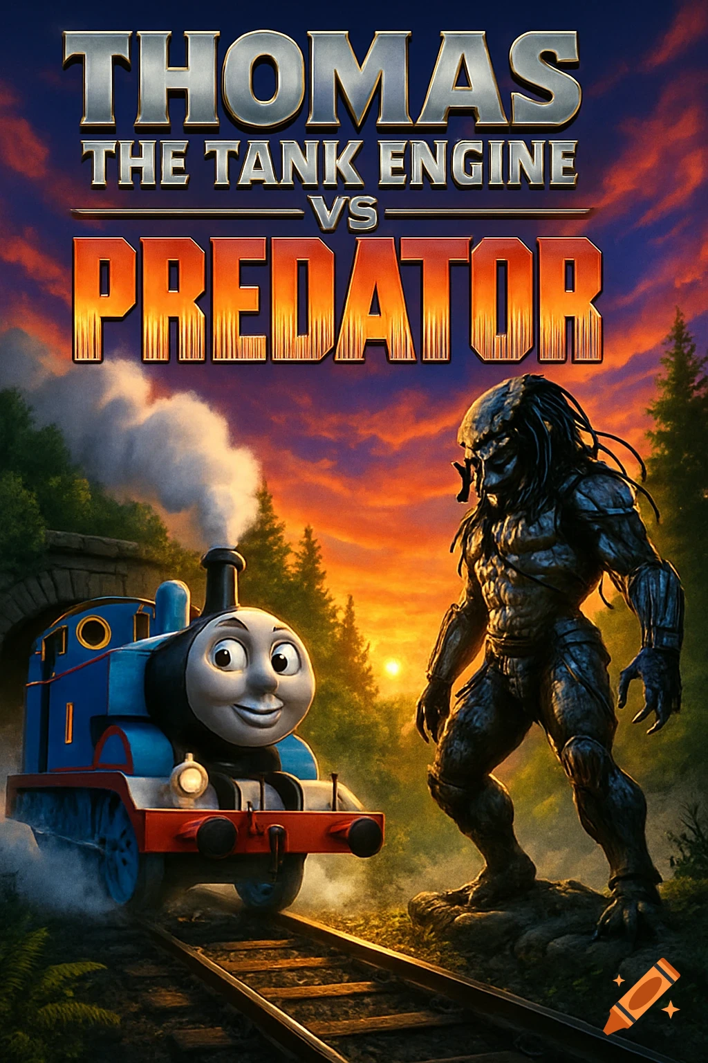 Movie poster for 'Thomas the Tank Engine vs Predator' with Thomas on tracks and a muscular Predator in a forest at sunset.