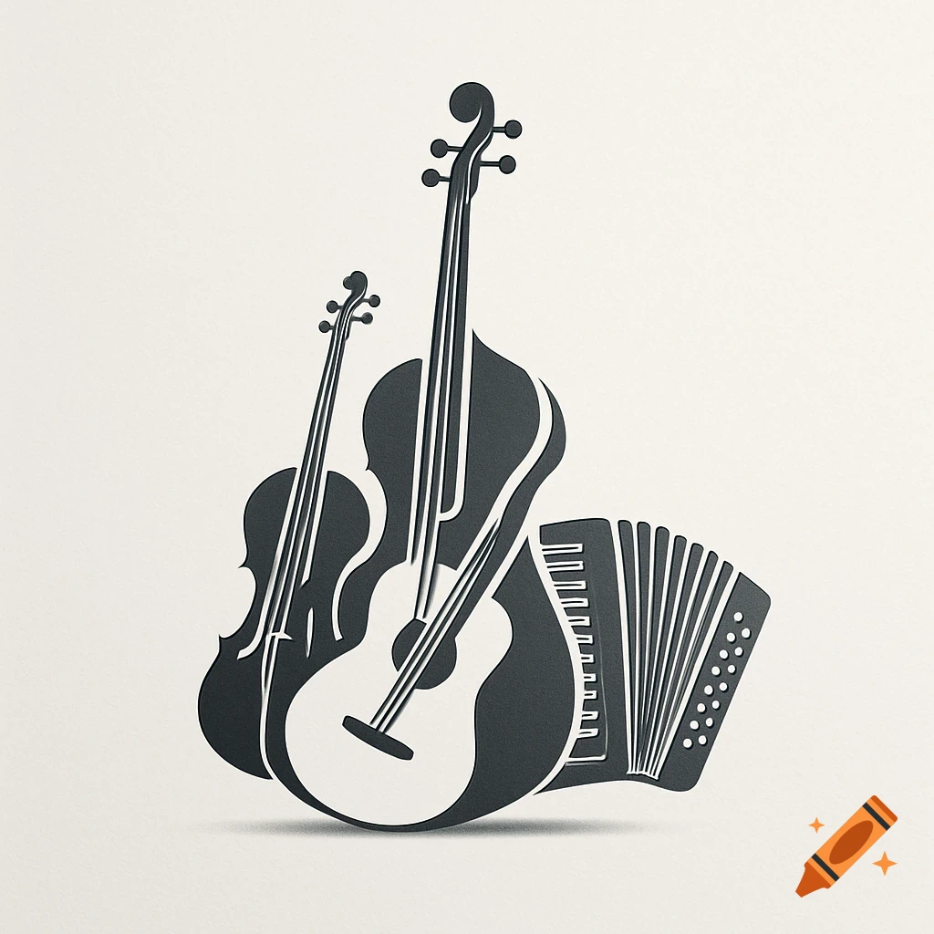 Stylized logo of a violin, double bass, guitar, and accordion in shades of gray on a light background.