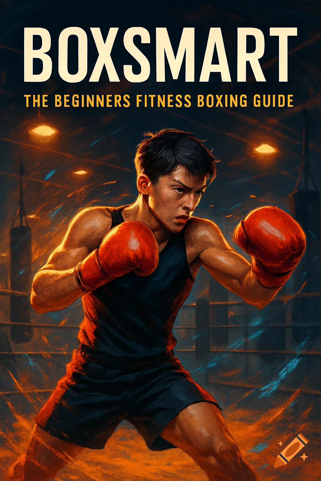 An illustrated male boxer in red gloves in a dynamic stance in a dimly lit boxing gym with glowing orange and blue light.