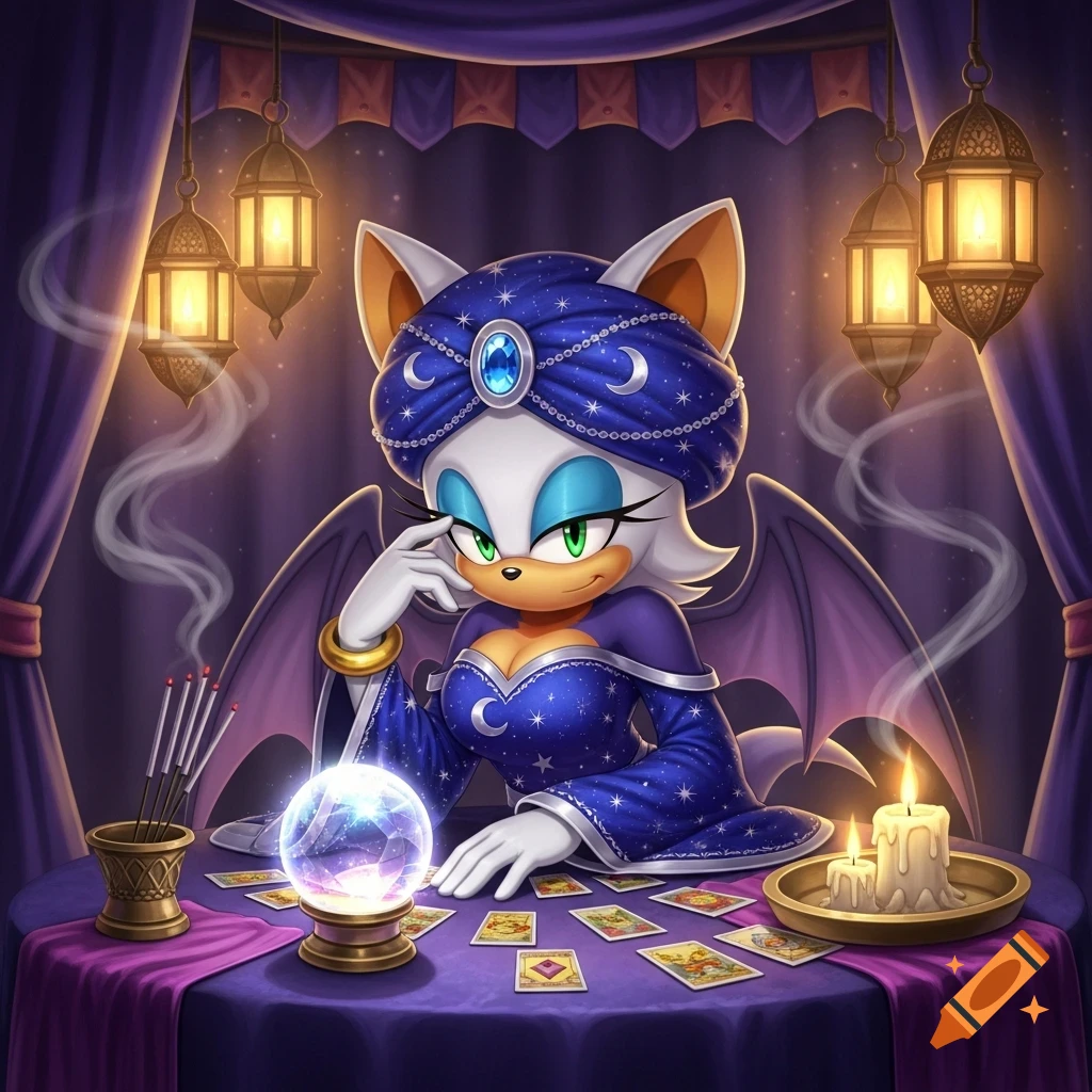 Rouge the Bat as a fortune teller, wearing a starry blue turban and dress, sits at a table with a glowing crystal ball, tarot cards, and lit candles under hanging lanterns.