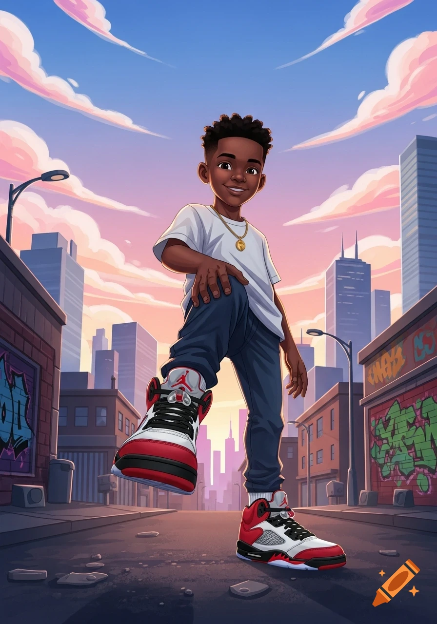 A smiling cartoon boy in a white tee and jeans stands in a city street, wearing red and white Jordan 5 sneakers.