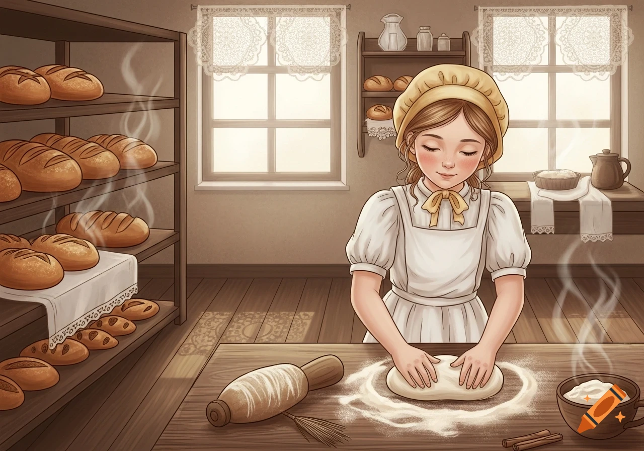 A cartoon baker girl kneads dough on a wooden table in a cozy bakery with shelves of fresh bread.