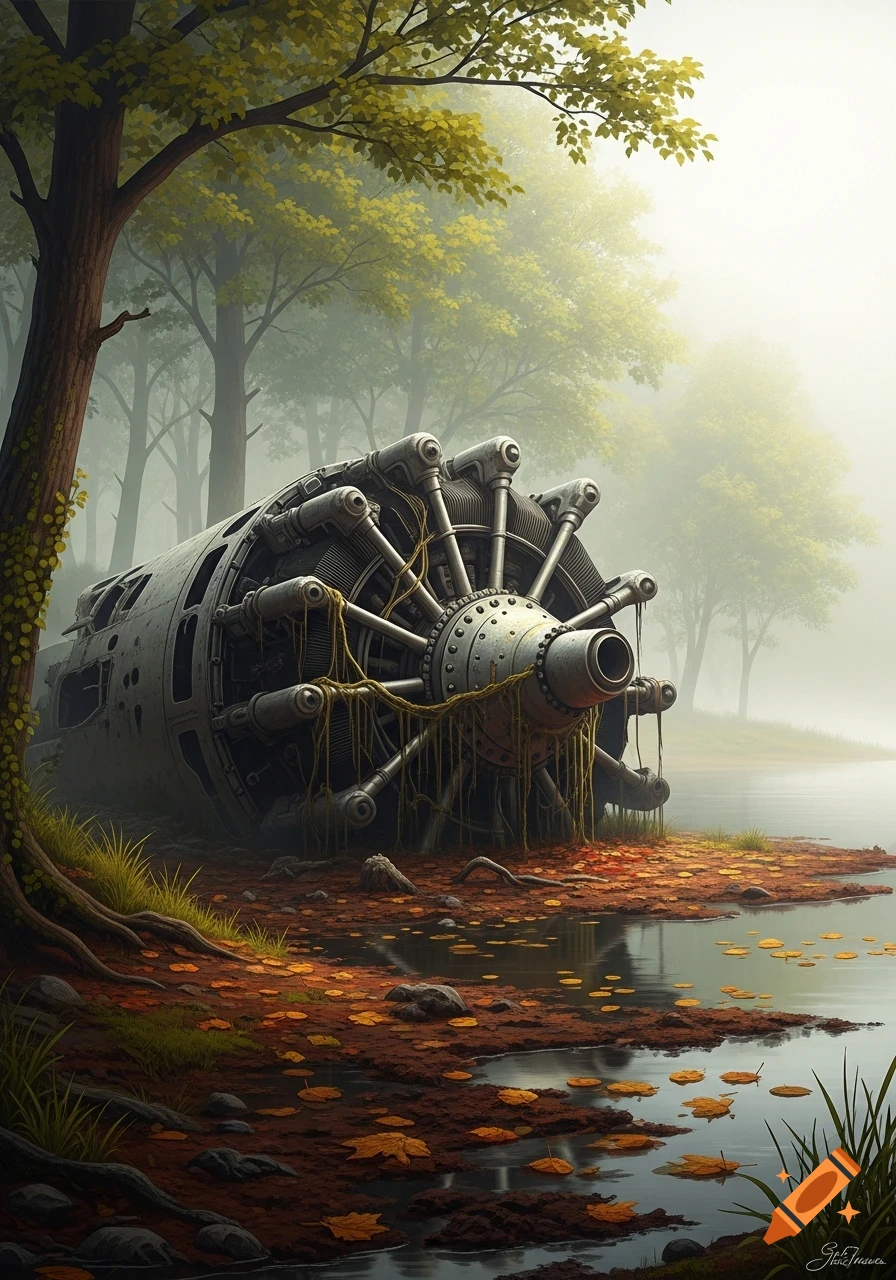 An abandoned, root-covered airplane engine lies partially submerged at the edge of a misty forest lake, with autumn leaves on the bank.