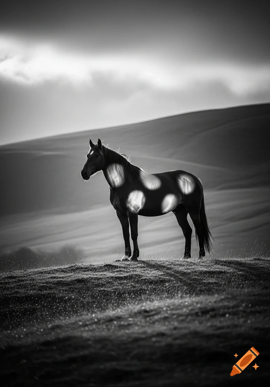 A monochromatic photo of a horse with circular light spots on its body, standing on a grassy hill against a hilly background.