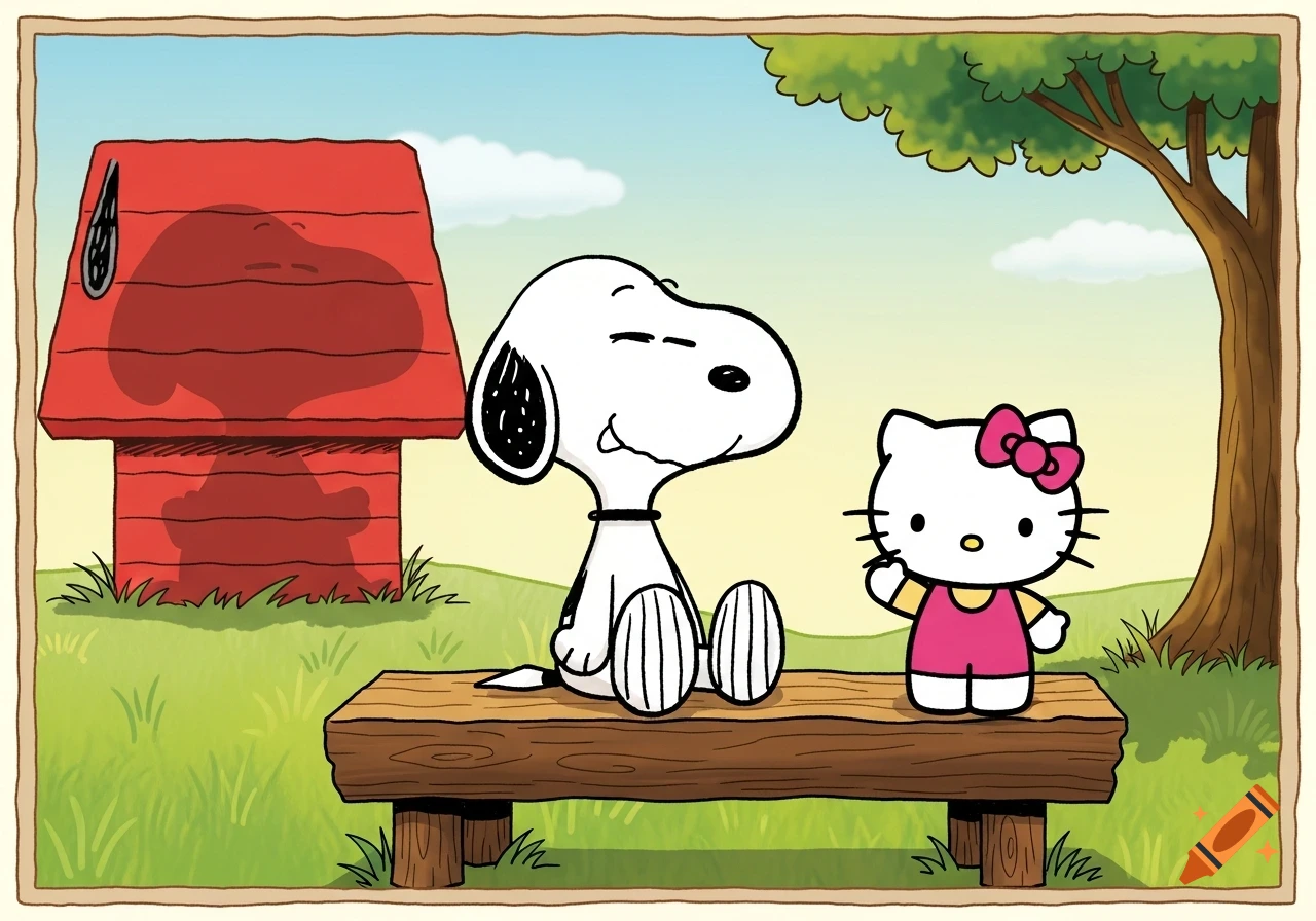 Cartoon Snoopy sitting on a wooden bench, Hello Kitty waving, with a red doghouse and tree in the background.