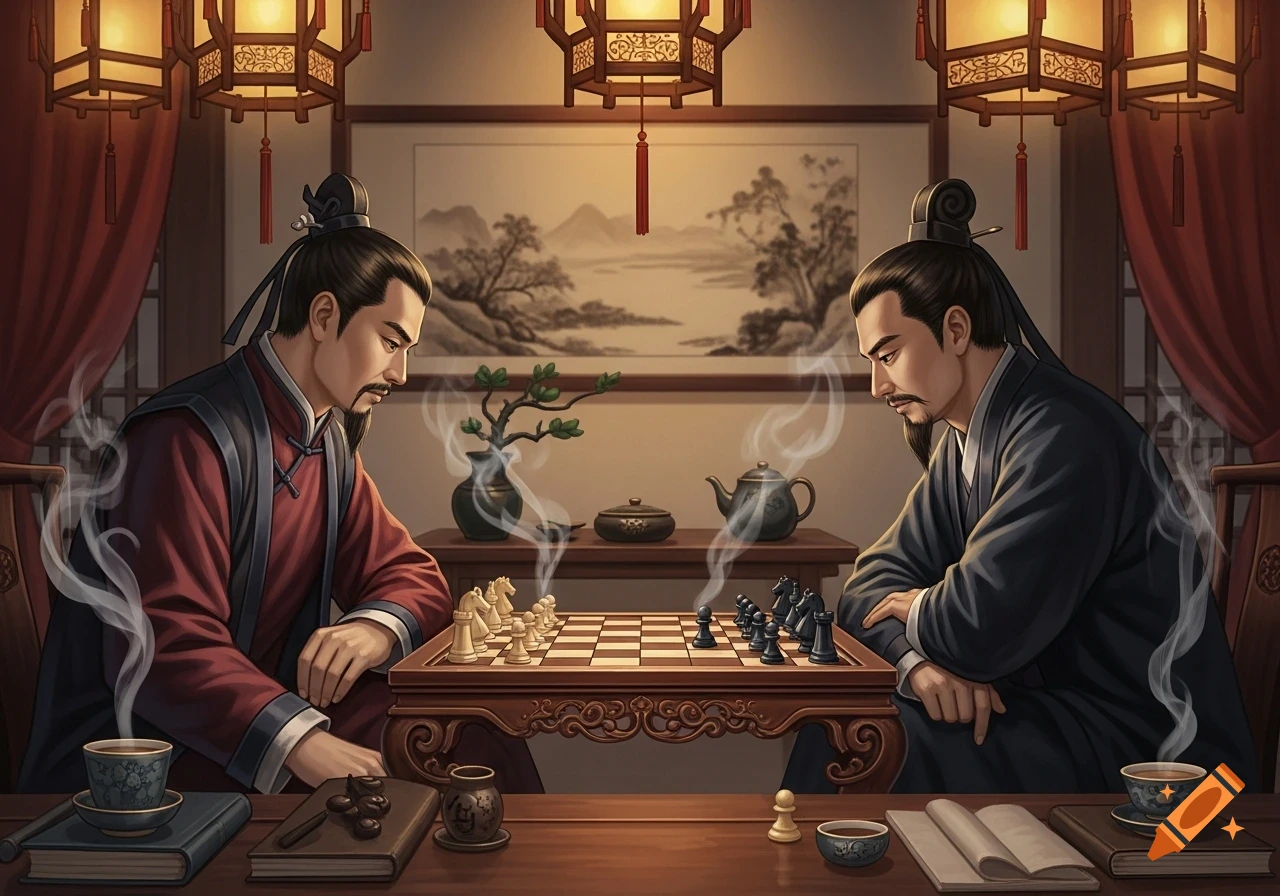 Two traditionally dressed East Asian men play chess at a carved wooden table, with lanterns and a landscape painting in the background.