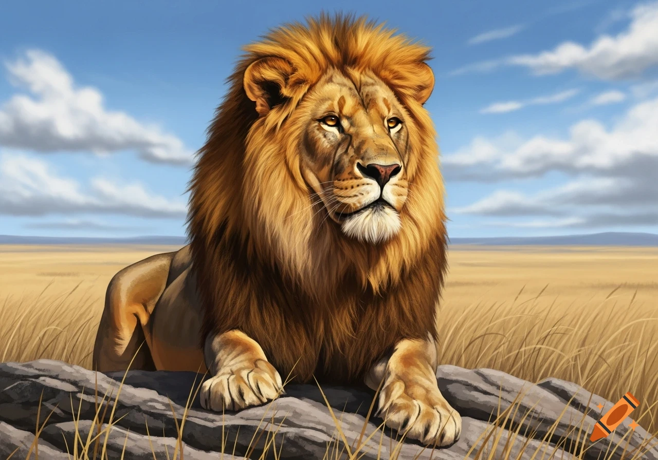 A majestic lion with a golden mane rests on a rock in a sunny savanna under a blue sky.