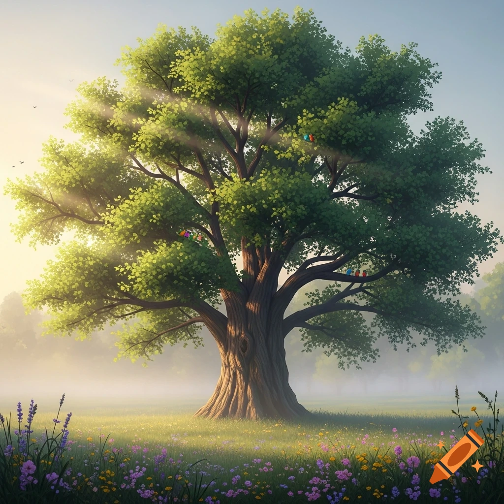 A majestic green tree stands in a sunlit meadow of colorful wildflowers, with rays of light shining through its leaves.
