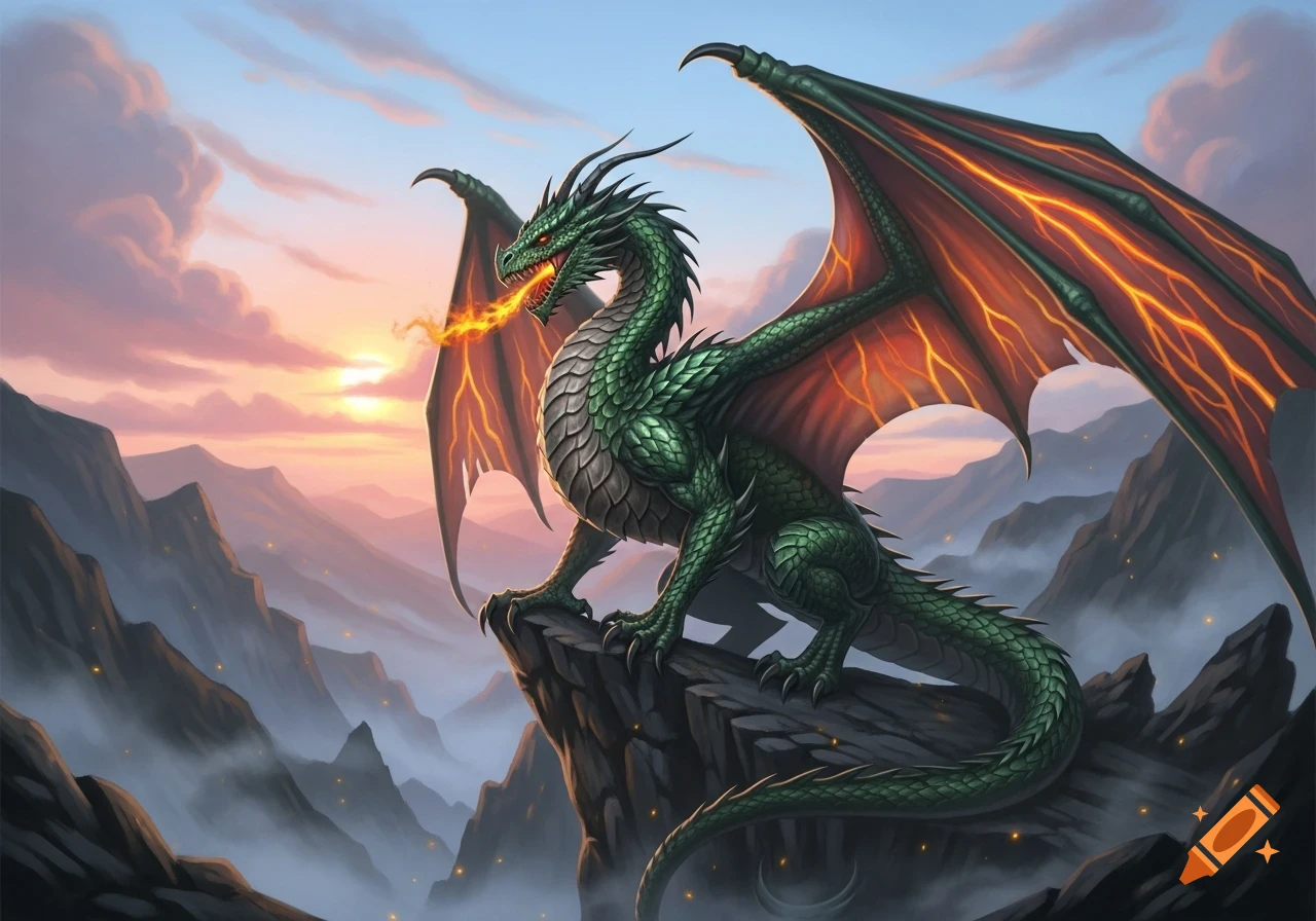 A majestic green dragon with glowing orange wings breathes fire atop a ...