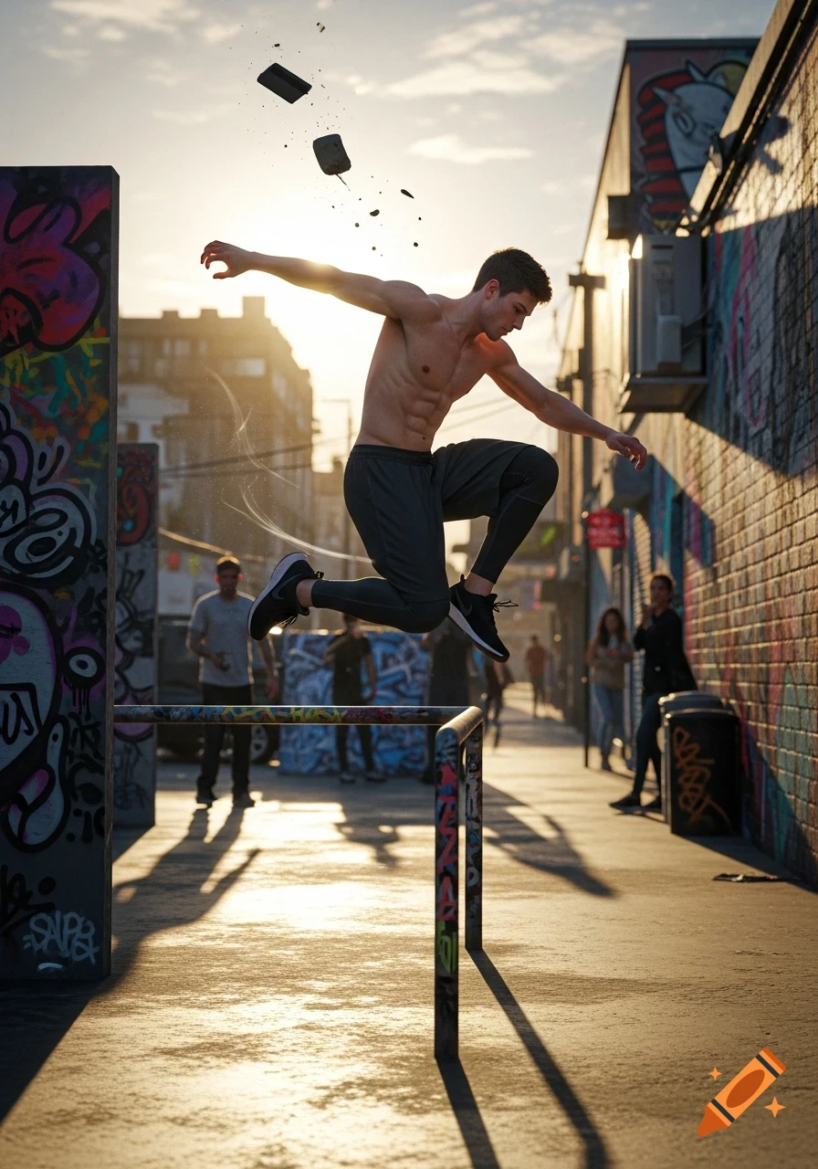 A shirtless man leaps over a railing in a graffiti-covered alley at sunset, performing parkour. Debris flies as he jumps.