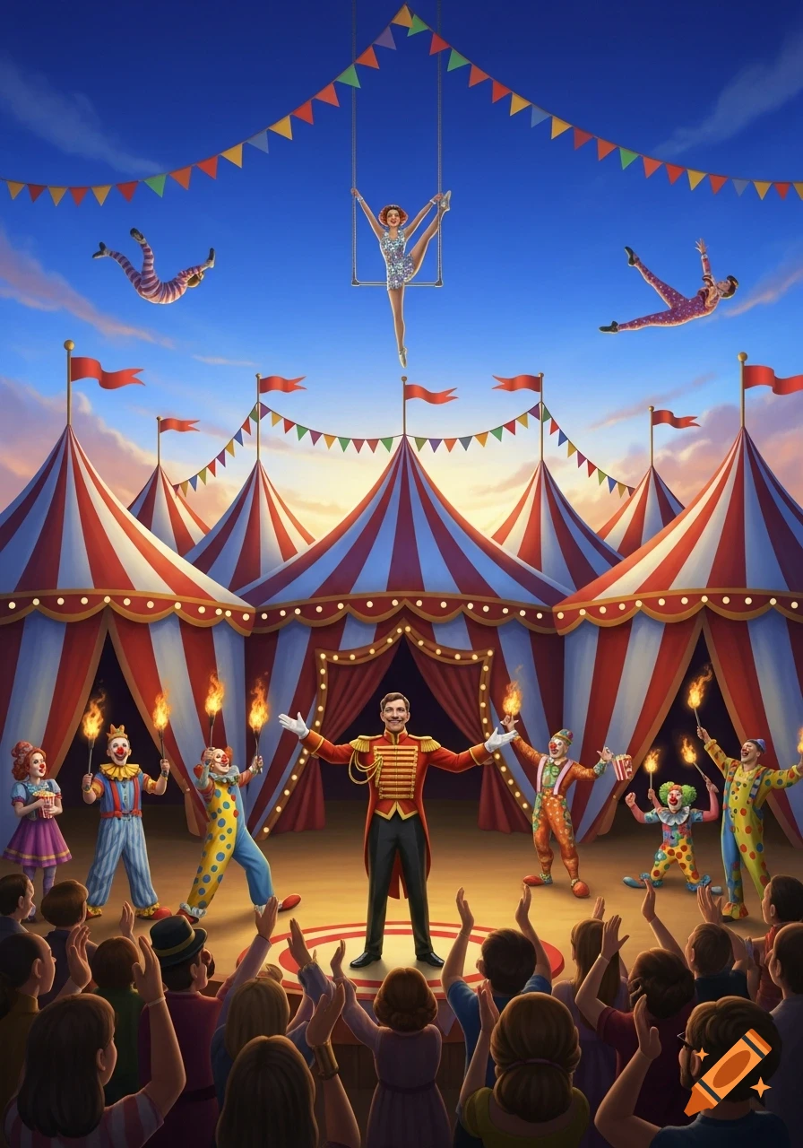 Vibrant illustration of a circus show with a ringmaster, clowns, acrobats, and striped tents under a colorful sky, with an audience watching.