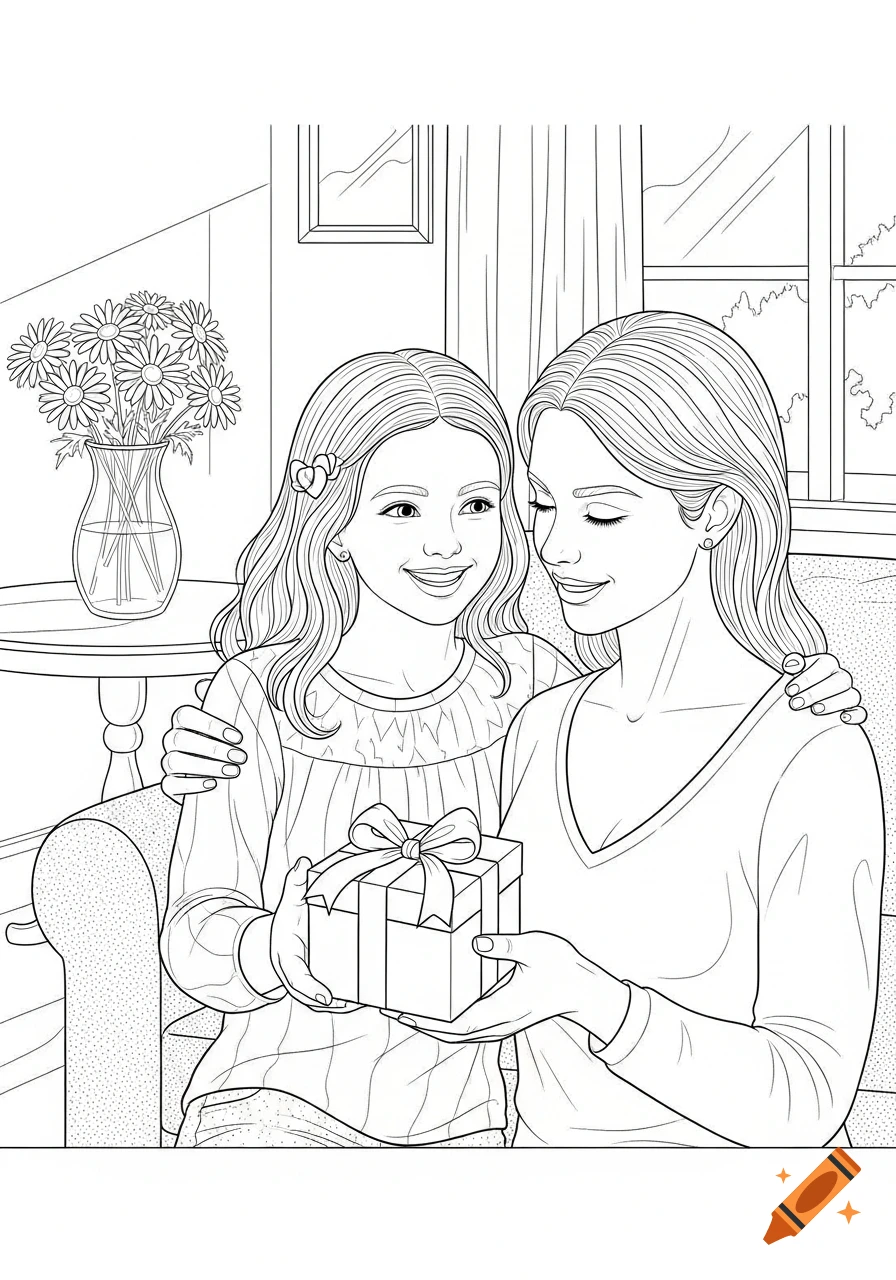 A young girl with a heart clip in her hair gives a wrapped gift to her smiling mother in a line art coloring page.