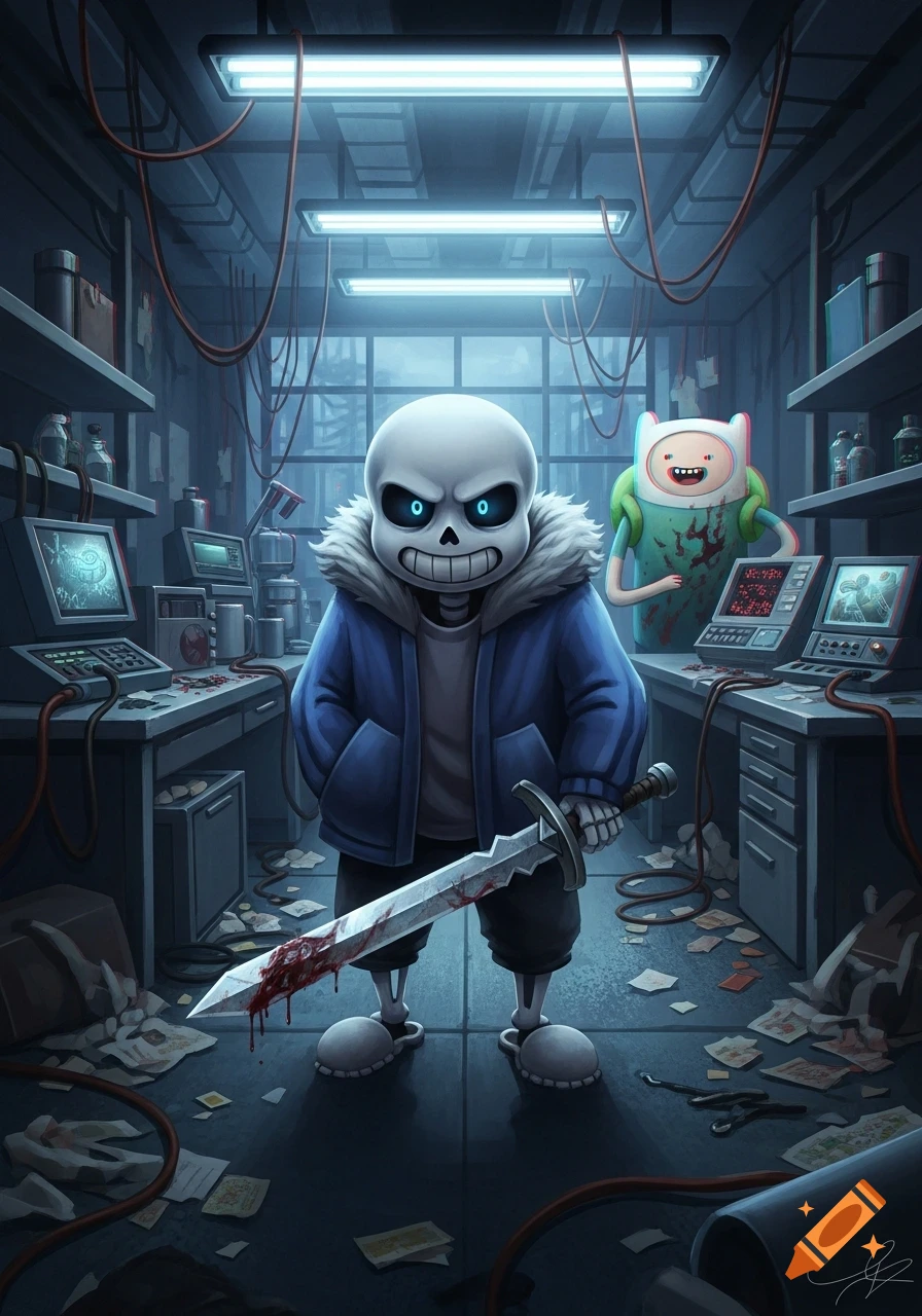 Sans the skeleton, with glowing blue eyes, stands in a dark, cluttered lab, holding a bloody sword. Finn the human, with blood on his shirt, stands behind him.