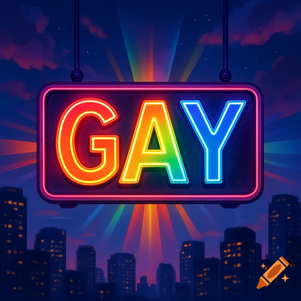 A vibrant neon sign spelling 'GAY' in rainbow colors hangs above a silhouetted city skyline at night, with colorful light rays.