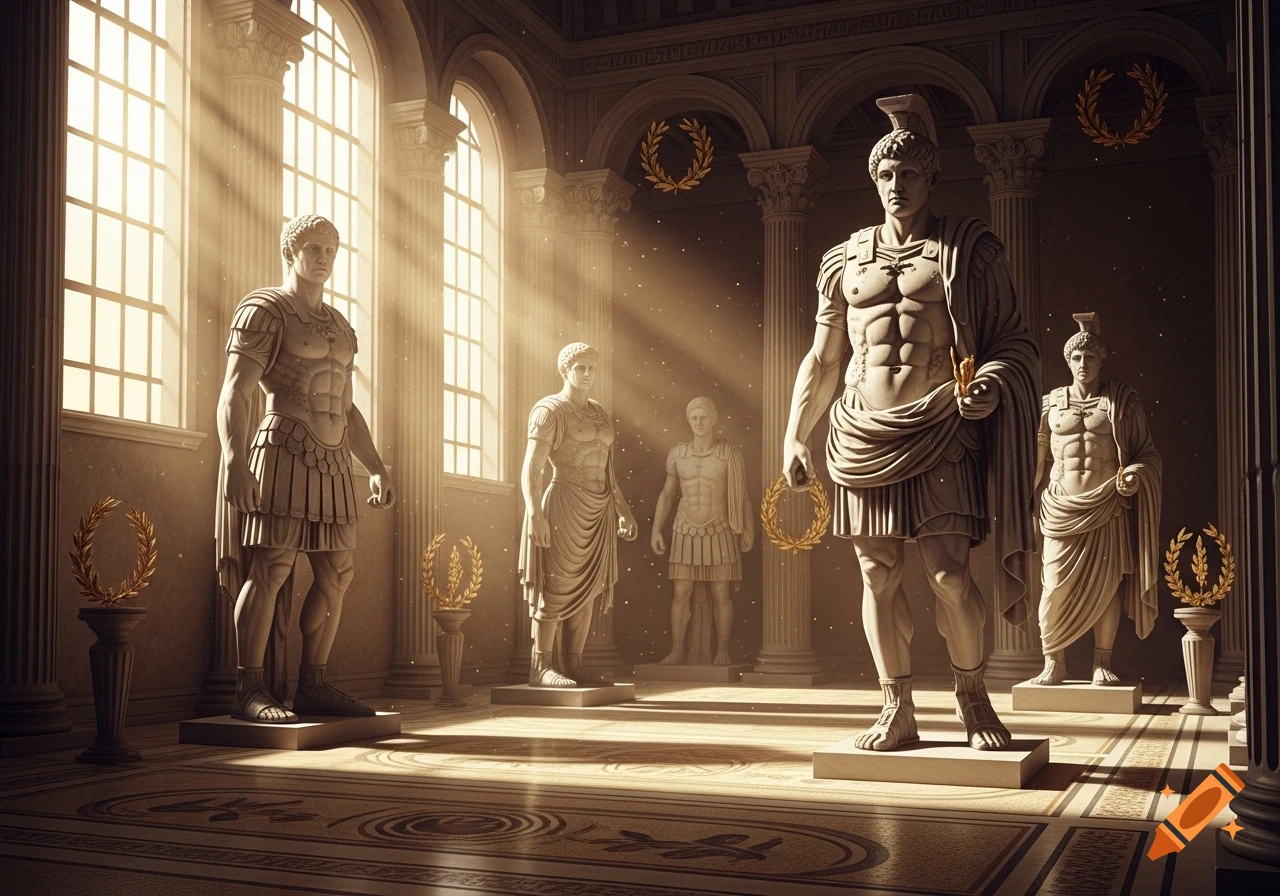 Several muscular Roman statues stand in a grand, sunlit hall with ornate columns and a patterned floor, photorealistic.