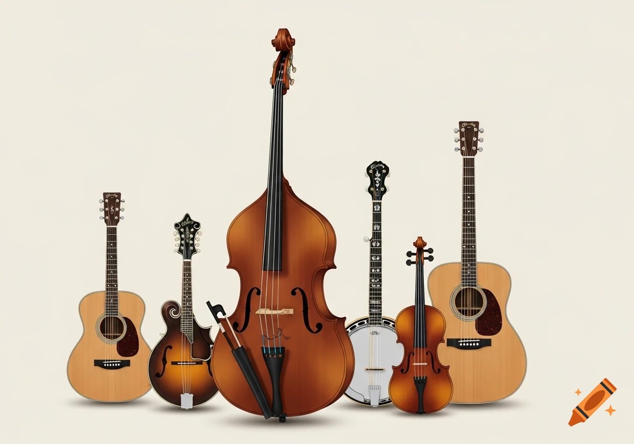 An illustration of an upright bass in the center, flanked by an acoustic guitar, mandolin, banjo, and violin on a light background.
