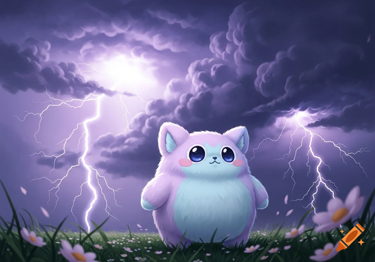 A fluffy purple and blue creature stands in a grassy field with white flowers under a stormy purple sky with lightning.