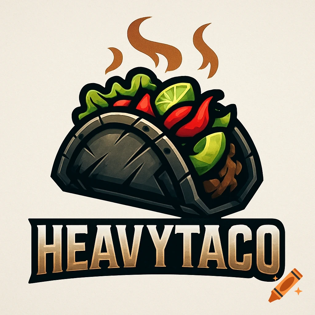 Stylized logo of a dark gray taco filled with red peppers, green lettuce, and brown meat, with 'HEAVYTACO' text below, on a light background.