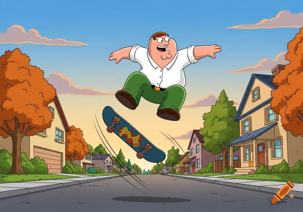Cartoon Peter Griffin does a kickflip on a skateboard in a suburban street scene.