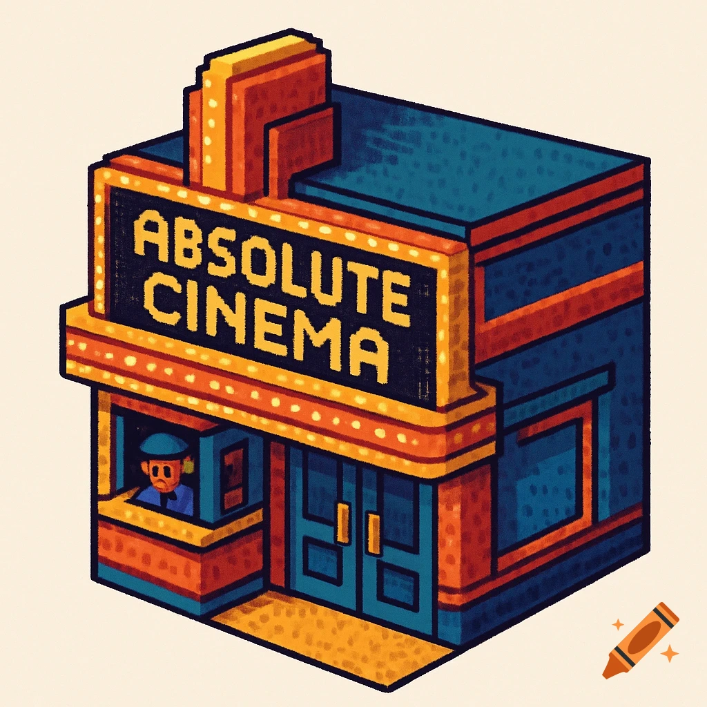 Isometric pixel art illustration of a retro-style cinema building with a marquee sign that reads "ABSOLUTE CINEMA".