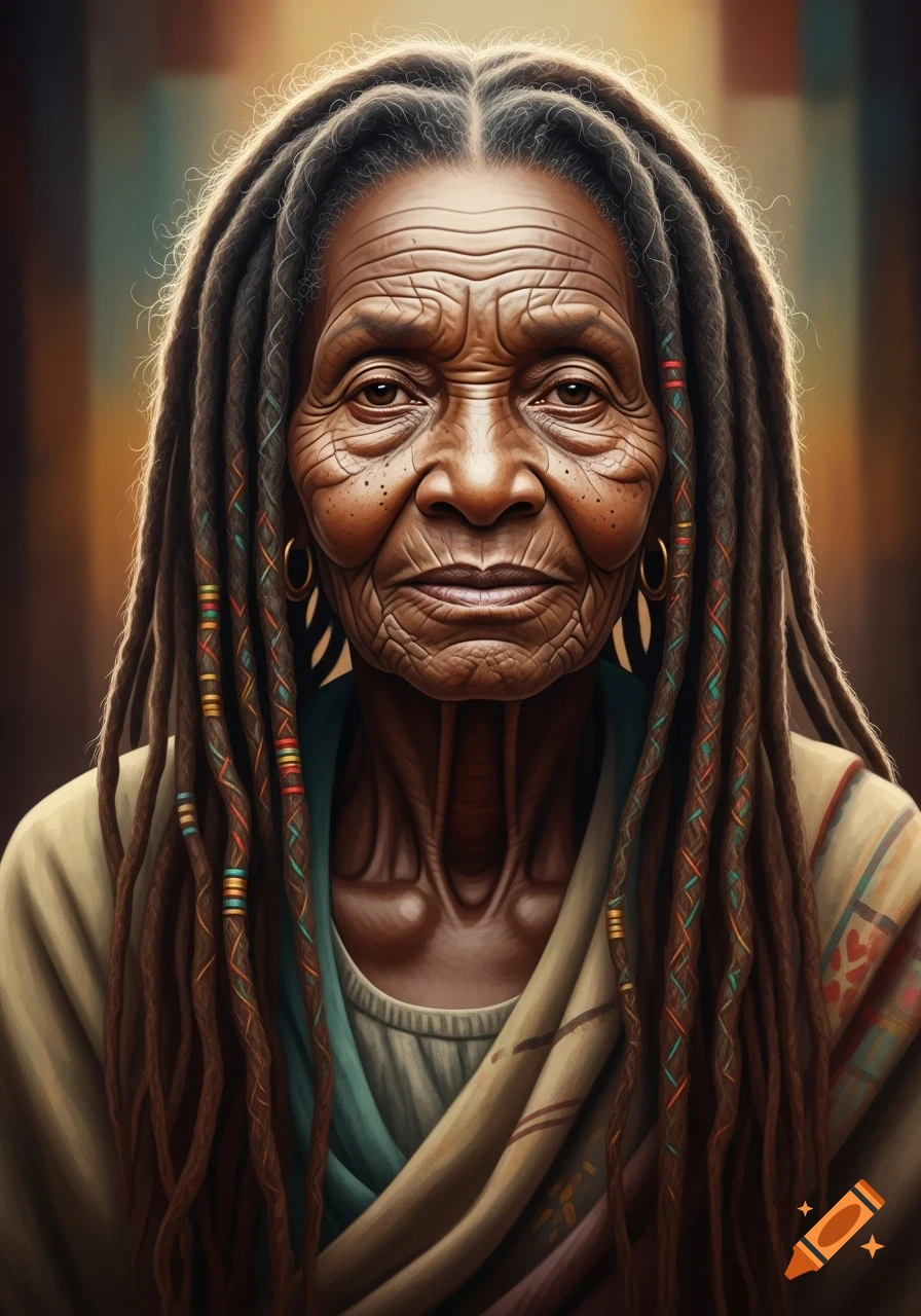 Realistic portrait of an old Black woman with intricate dreadlocks adorned with colorful beads and threads.