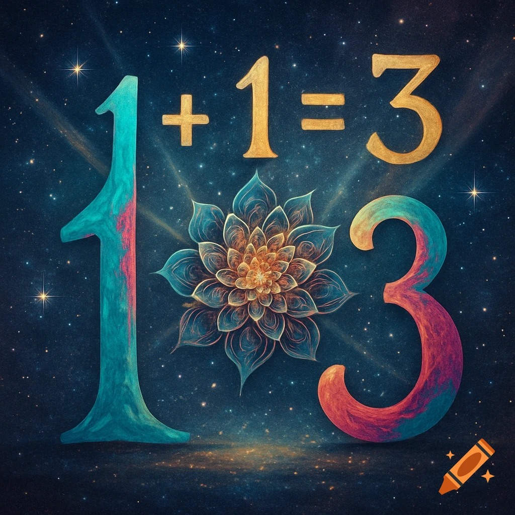 Stylized '1+1=3' in gold and vibrant colors, with a glowing lotus flower on a dark, starry cosmic background.