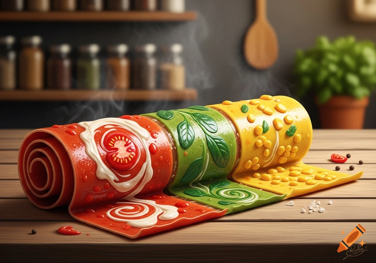 A vibrant, segmented roll resembling a fruit roll-up, with red (tomato), green (herb), and yellow (corn) sections, unrolling onto a wooden table with steam.