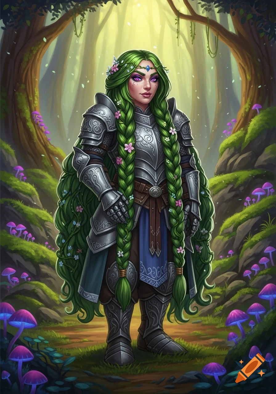 A fantasy portrait of a dwarf woman with long green braided hair adorned with flowers, wearing ornate silver armor, standing in a mystical forest with glowing purple mushrooms.
