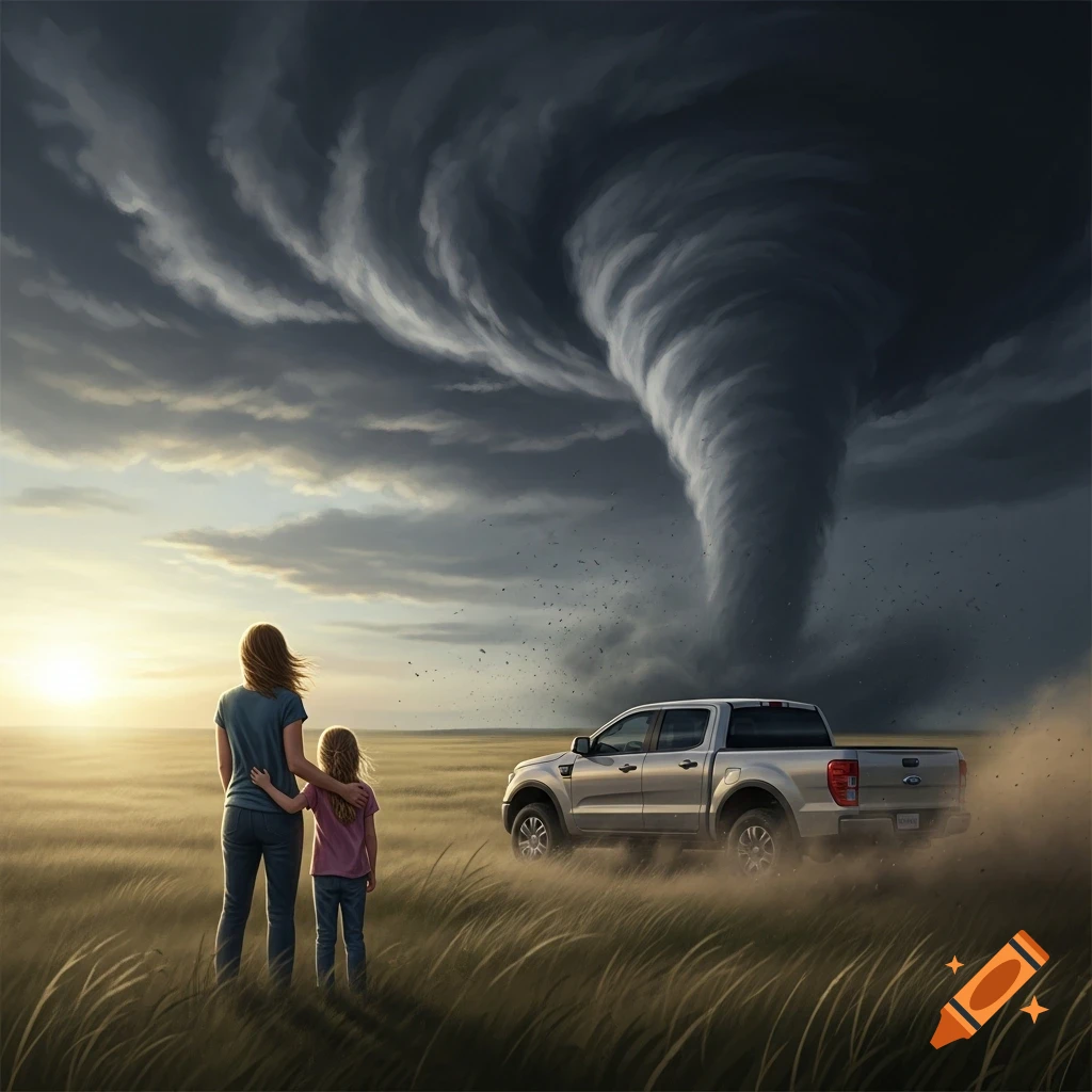 A mother and daughter stand in a vast prairie, looking at a massive tornado approaching as a silver pickup truck sits nearby, photorealistic.